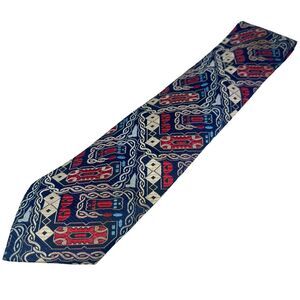 Haband Vintage‎ Navy Red Geometric Silk Necktie Men’s Southwestern Retro 60”